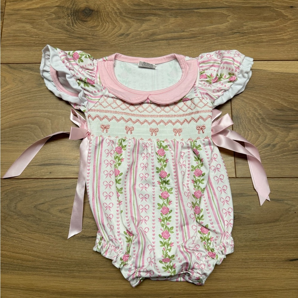 Pink Floral Smocked Baby Bubble Romper